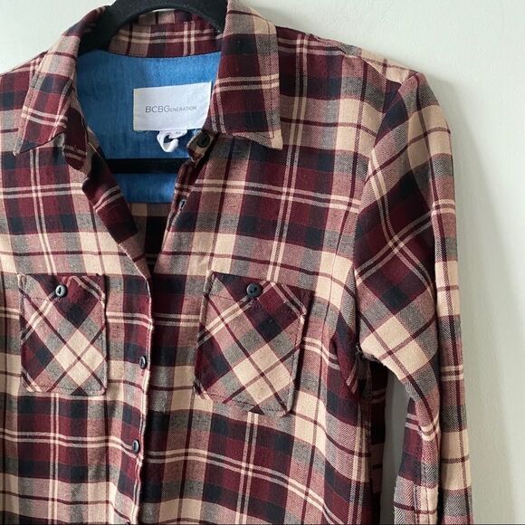 BCBG-Plaid Denim Cuff Button Down Shirt-XS - Picture 5 of 11